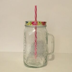 Blue Harbor Floral 32 oz Glass Mason Jar with handle Straw and Lid